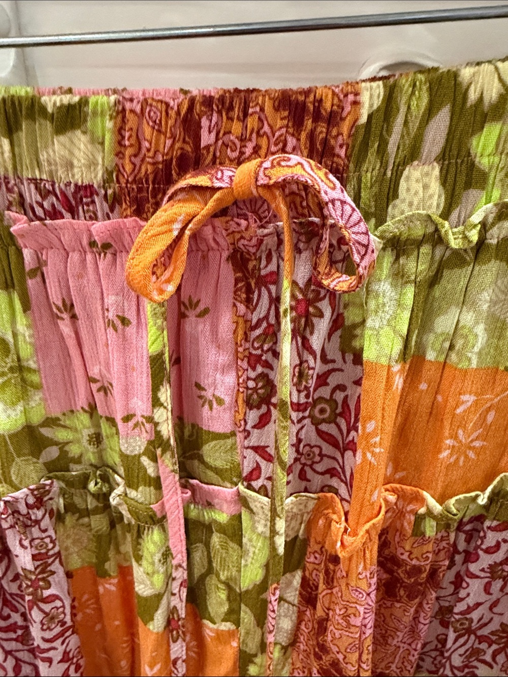 Easel Patchwork Wide Leg Pants M Pink Orange Boho Festival Floral Rayon Lounge - Picture 6 of 15